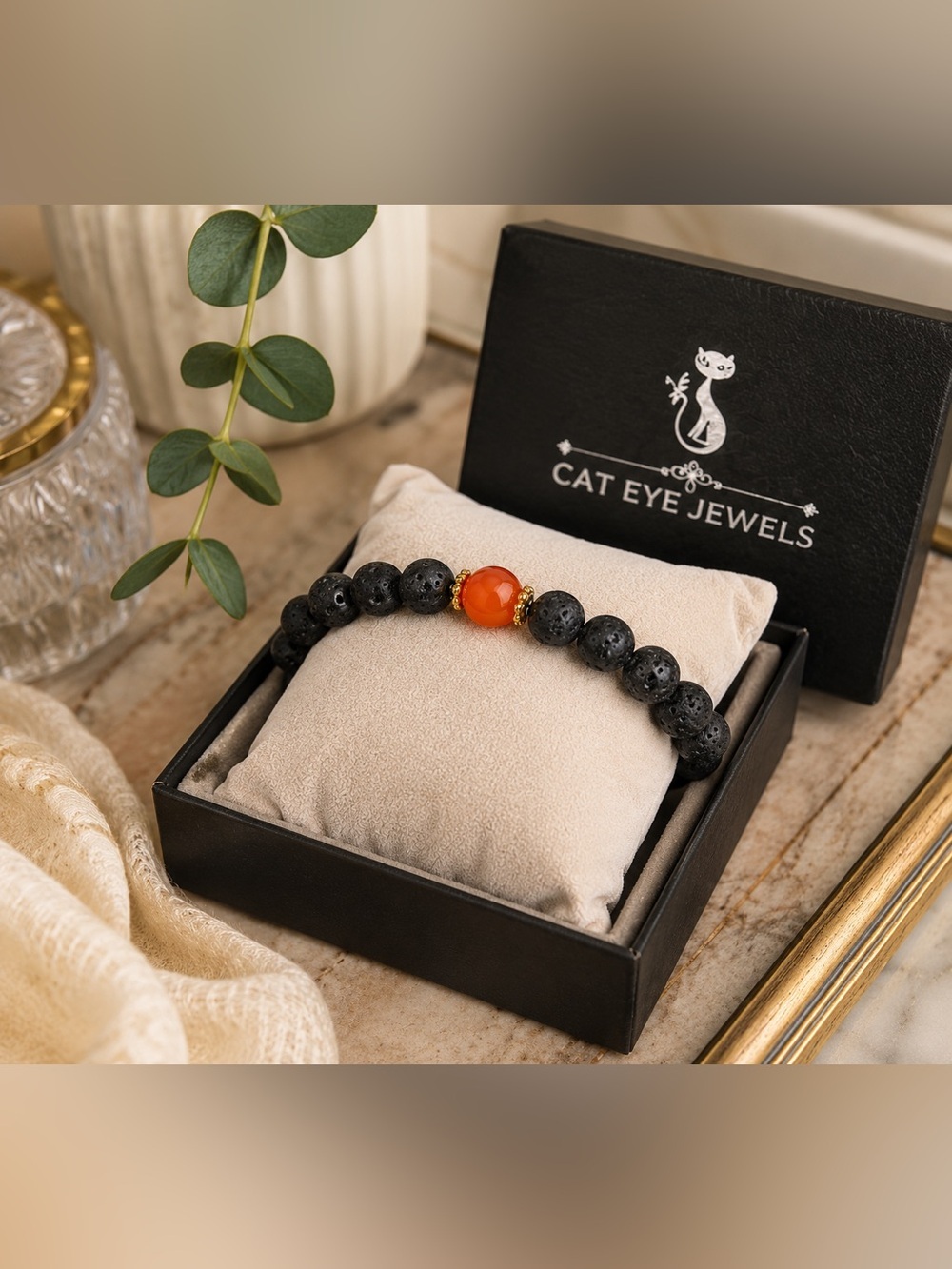 New Lava Stone Mood Charm Bracelet Unisex Stretch Bracelet Black Lava Energy